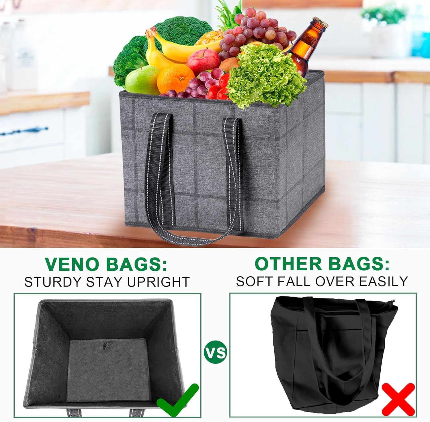 VENO Reusable Grocery Bags - Heavy-Duty Utility Tote with Handles & Hard Bottom | 3 Pack, Water Resistant, 6 Gallon