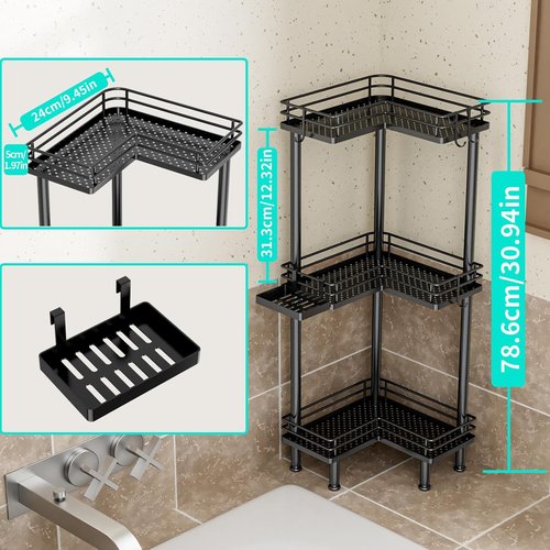 HapiRm Corner Shower Caddy - 3-Tier Rustproof Bathroom Organizer with Soap Holder & 4 Hooks, Black
