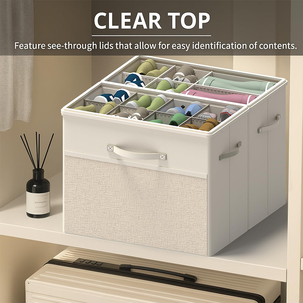 BFLBFL 2 Pack Shoe Organizer for Closet, Clear Foldable Shoe Storage Containers Fits 14 Pairs,Shoe Storage Bins Baskets Boxes with Reinforced Handles Beige Shoes Organize
