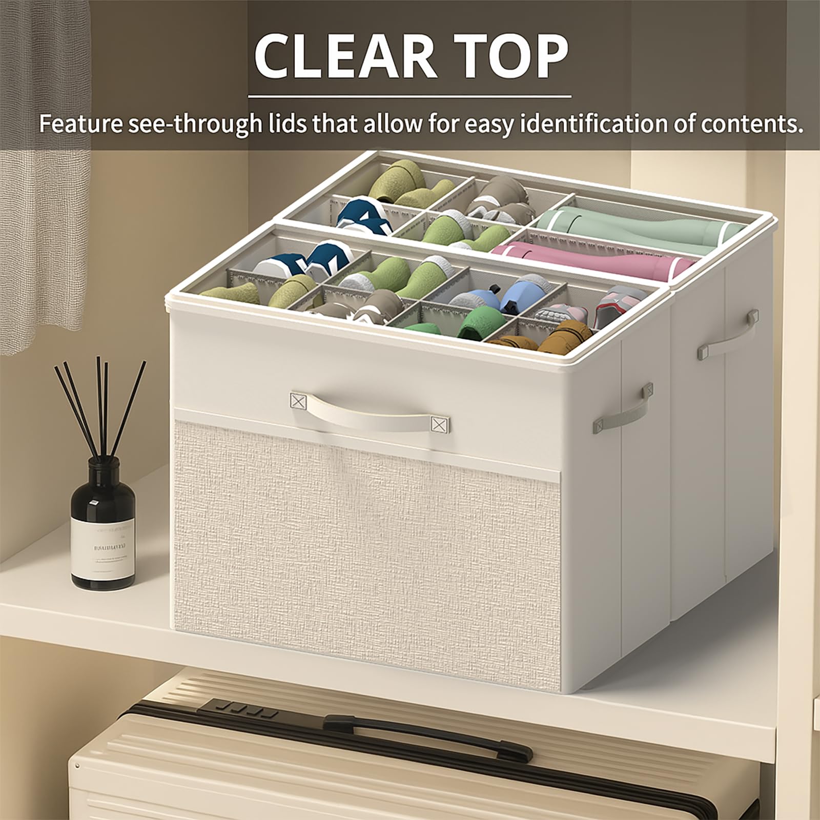 BFLBFL 2 Pack Shoe Organizer for Closet, Clear Foldable Shoe Storage Containers Fits 14 Pairs,Shoe Storage Bins Baskets Boxes with Reinforced Handles Beige Shoes Organize