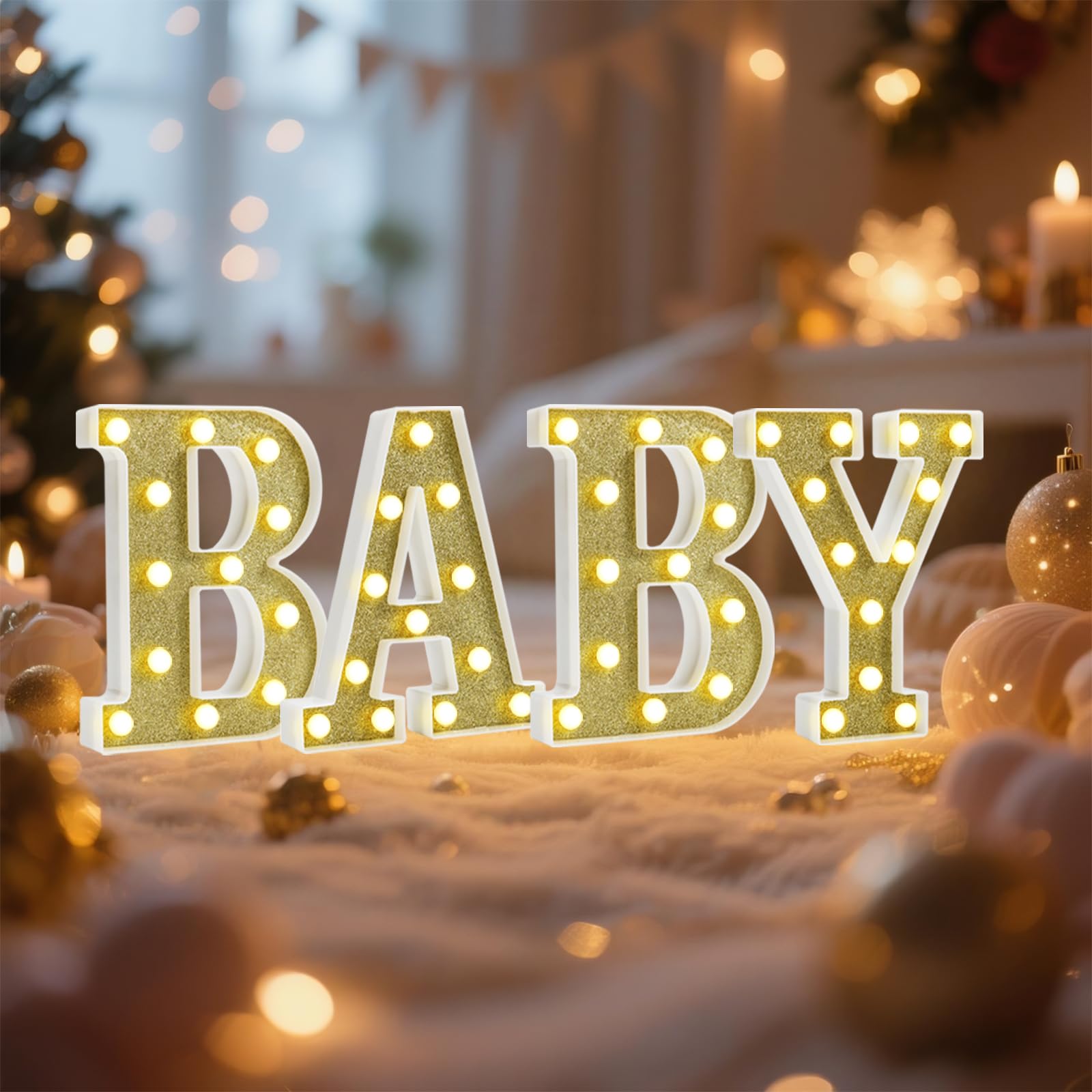 Pooqla BABY Marquee Light Up Letter Set, Gold Glitter Glowing Letters for Baby Shower Girl Boy Birthday Party Backdrop, LED Light Up Letter for Gender Reveal Home Bedroom Nursery Table Wall Decor