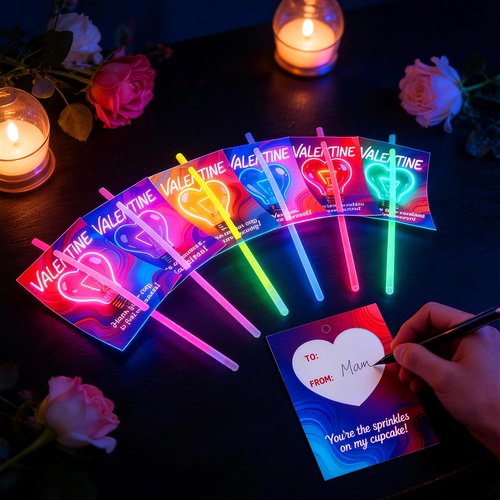 50 Glow Sticks with 24 Valentines Day Card, Glow in The Dark Neon Party Favors for Classroom Exchange, School Prizes, Kids Valentines Day Gifts Party Supplies Glow Stick Bracelets and Necklaces