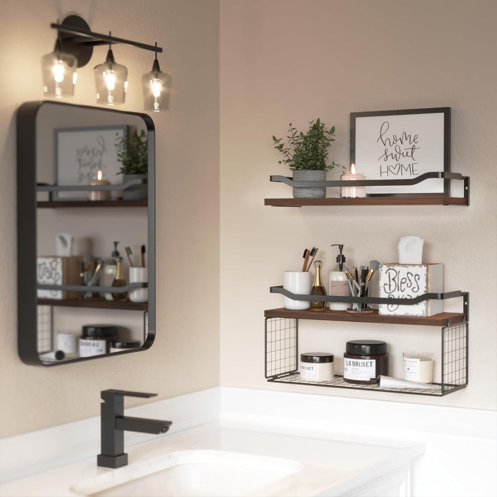 WOPITUES Floating Shelves - Stylish Wood Wall Storage with Metal Guardrail | Dark Brown, Ideal for Bathroom & Living Room