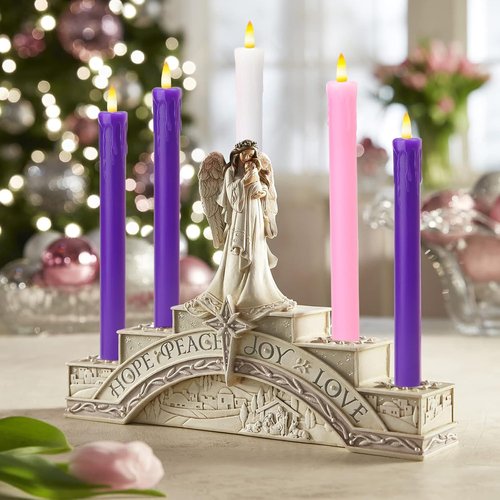 Lezonic Flameless Advent Candles - Battery Operated Set of 5 Wax Taper Candles for Christmas Decor | 3 Purple, 1 Pink, 1 White