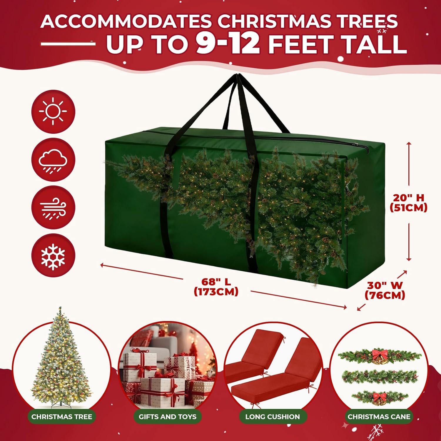 Skiennix Extra Large Christmas Tree Storage Bag - Fits Up to 12 ft Trees | Heavy Duty Waterproof Design, 68” L x 30” W x 20” H