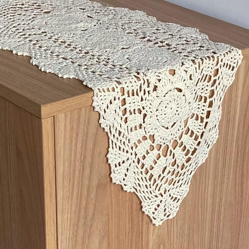 12" x 96" Hand Crochet Lace Table Runner - Farmhouse Boho Dresser Scarf, Ecru