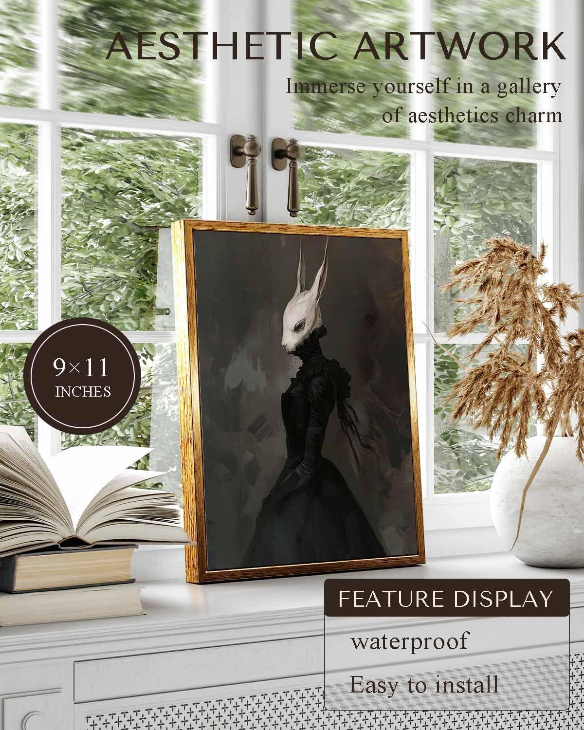 VIYYIEA Framed Canvas Wall Art - Vintage Rabbit Lady Gothic Decor | Aesthetic Dark Academia 9x11in