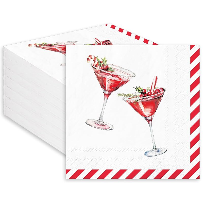 Christmas Martini Napkins 50Pcs - Red Stripe Disposable Paper Napkins 5x5in (10x10in) Santa Holiday Party