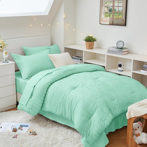 HYMOKEGE Twin XL Comforter Set - Mint Green Seersucker 5-Piece All-Season Luxury Bedding Set