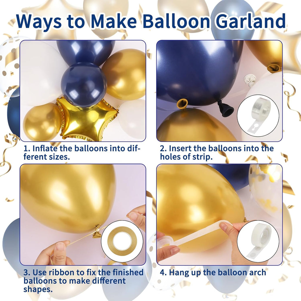 RUBFAC Balloon Garland Arch Kit - 167pcs Navy Blue, Gold & White Balloons with Confetti & Star Foil | Perfect for Graduation, Birthday & Baby Shower Decorations