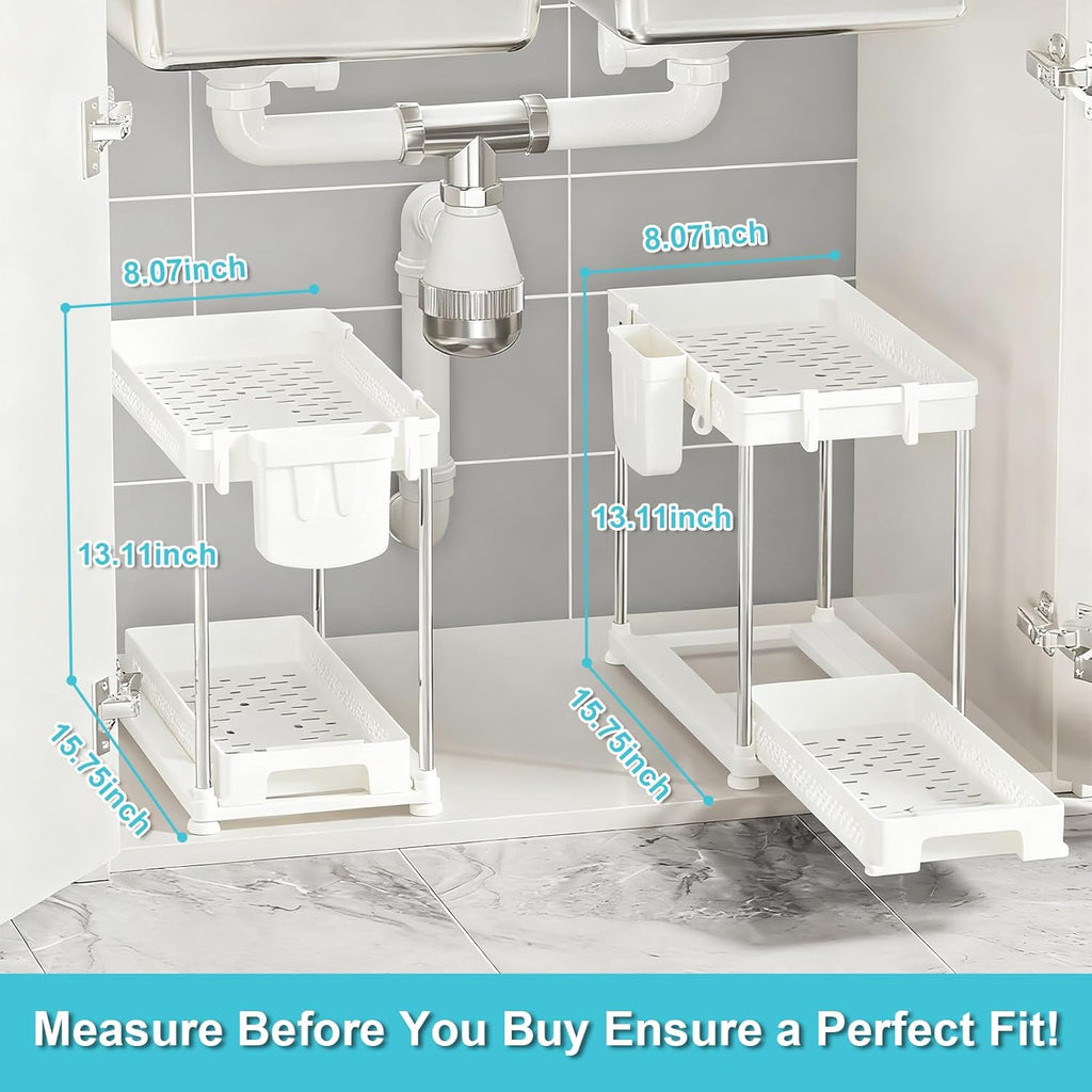 Under Kitchen Sink Organizer - 2-Tier Multi-Purpose Storage for Kitchen & Bathroom | White, 2 Pack