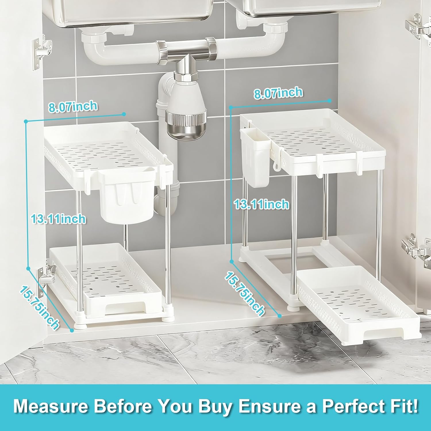 Under Kitchen Sink Organizer - 2-Tier Multi-Purpose Storage for Kitchen & Bathroom | White, 2 Pack