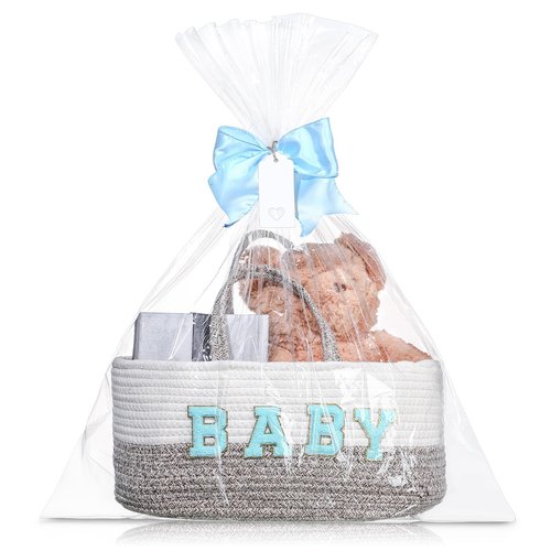 Beeveer Personalized Baby Basket Custom Diaper Caddy Organizer with Bow Portable Cotton Rope Basket Storage for Nursery Baby Shower Christmas Gifts(Blue)