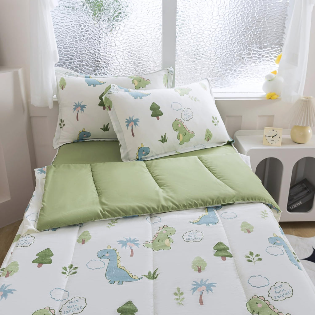 qjmiaofang 4Pcs Zipper Bedding Twin for Kids Dinosaur Comforter Set Boys Teens Zip Up Bedding with Sheets All Season Cute Little Dinosaur All in One Zipper Bed Set with Fitted Sheet Decor