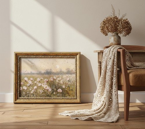 Gold Framed Vintage Pink Wildflower Canvas Wall Art - Rustic Spring Landscape Painting 9x11in