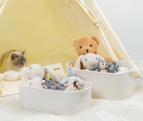 CubesLand Small Cotton Rope Basket - Cute & Durable Organizer for Toys, Bathroom, Closet | White