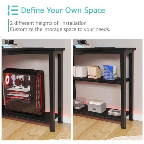 Lufeiya Black L Shaped Desk with Led Lights and Power Outlets, 47 Inch Writing Study Computer Gaming Desks with Fabric Drawers for Bedroom, Home Office Corner Desk with Monitor Stand Shelves, Black