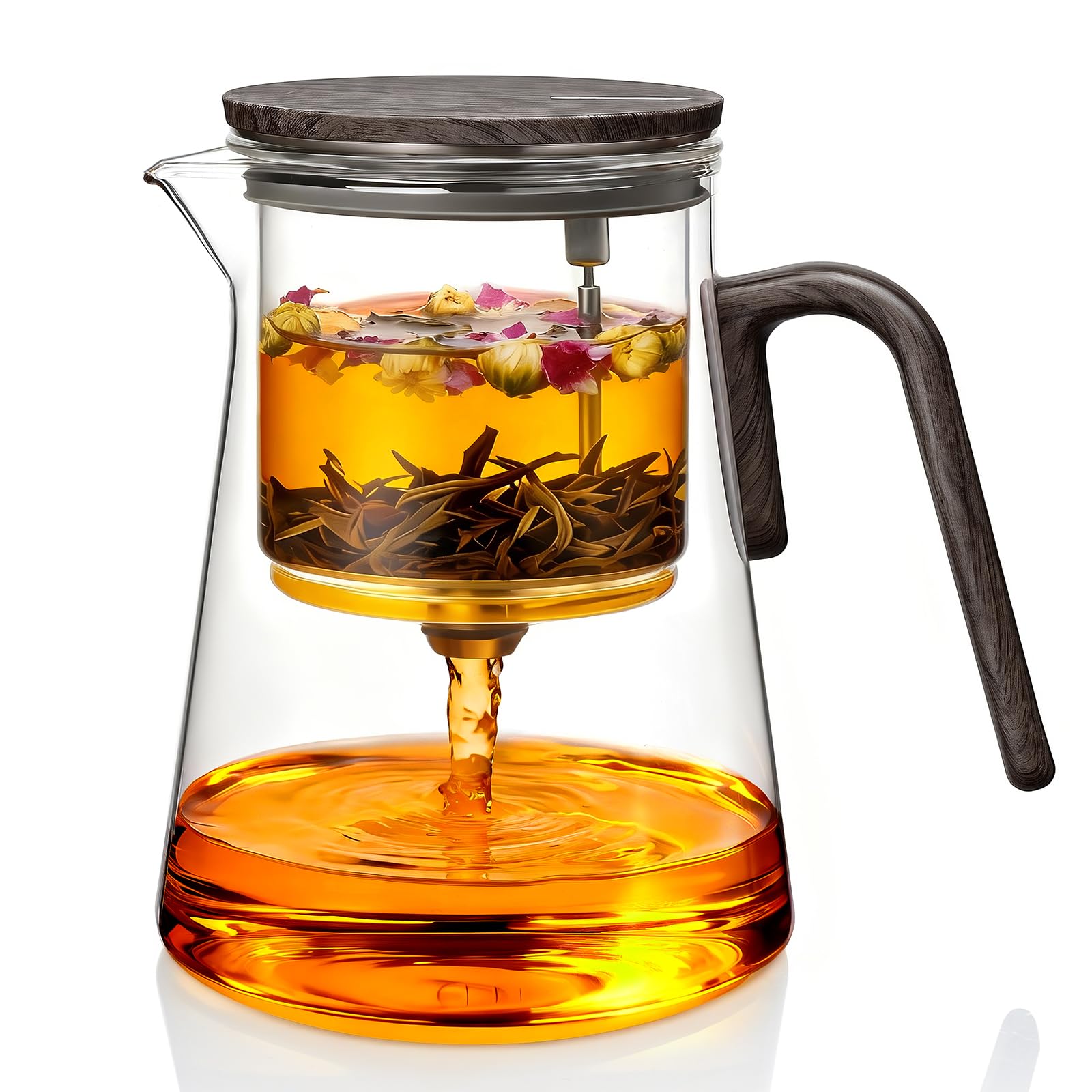 ZENS Magnetic Tea Pot, Large Enchanted Glass Teapot with Infuser and Magnetic Suction Lid for Mess-Free Loose Tea Diffusers, Black Walnut Pattern Handle, Tea Lovers Gifts