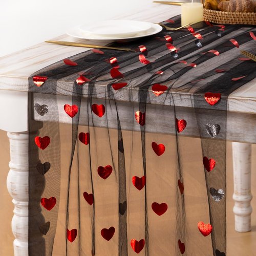 MLMC Heart Valentine's Day Table Runner Black Glitter Gauze Table Runner 120 Inch 10 FT Sheer Metallic Foil Seasonal Centerpiece for Wedding Anniversary Romantic Dinner Table Decor