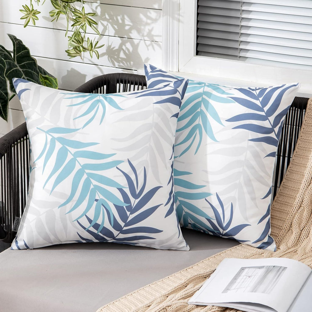 MIULEE Decorative Outdoor Throw Pillow Covers - Waterproof Natural Leaves Pattern, 18x18 Inch, Blue - Pack of 2