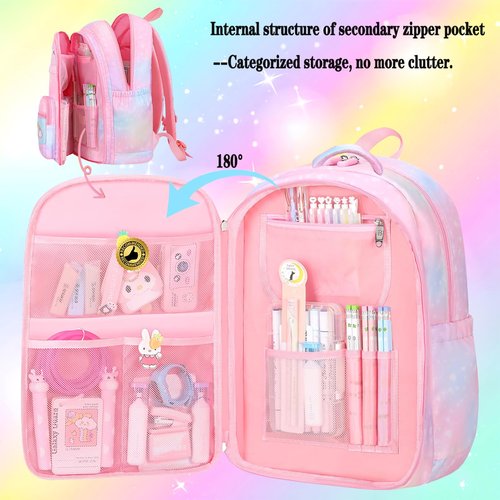 Jcobvig 3Pcs Kids Backpack For Girls,Cute Rainbow Student School Backpack With Lunch Bag Pen Bag Set (Purple Large 17.5in