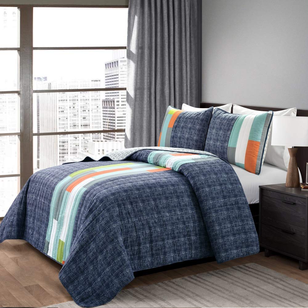 Lush Decor Shelly Stripe Quilt | Modern Geometric Pattern Reversible 3 Piece Bedding Set - Full/Queen - Navy & Orange