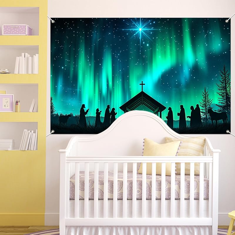 Nativity Banner 71x43 in with Bethlehem Star – Christmas Backdrop, Aurora Silhouette (Variation: Nativity Aurora Silhouette)