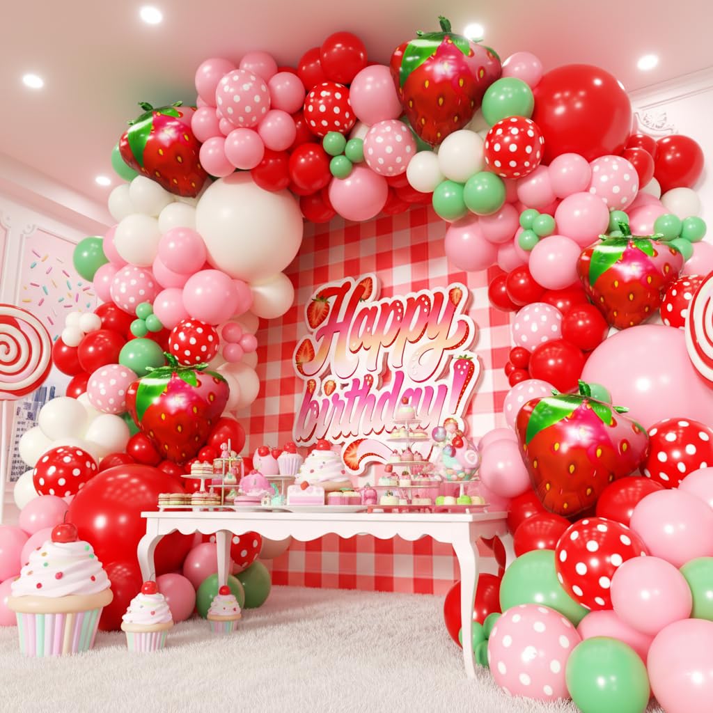 PTGOLUO Strawberry Balloons Garland Arch Kit 163pcs, Red and Pink Green Balloons for Sweet Girl Berry First Birthday Themed Baby Shower Valentine's Day Strawberry Party Decorations