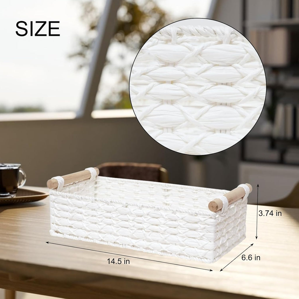 Skiennix Small Wicker Storage Basket - Decorative Organizing Bin with Handle | White Set for Countertop & Bathroom