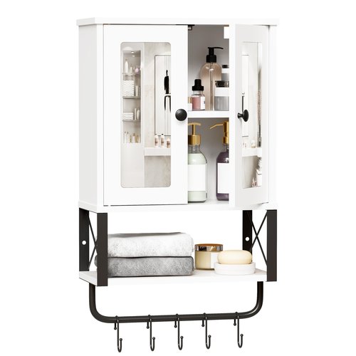 BEWISHOME Medicine Cabinet, Bathroom Wall Cabinet with Mirror, Wall Mounted Over The Toilet Storage Cabinet with Towel Bar and Adjustable Shelf, for Bathroom, 7.1" D x 15.4" W x 24.4" H, White YYG10W