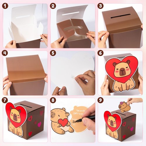 H1vojoxo DIY Valentine’s Day Mailbox - 48PCS Valentine’s Day Cards and Mailbox for Kid Classroom Exchange Valentines Gift Card Box for Boys Girls Valentines Capy Card Box for Valentine Party Favor