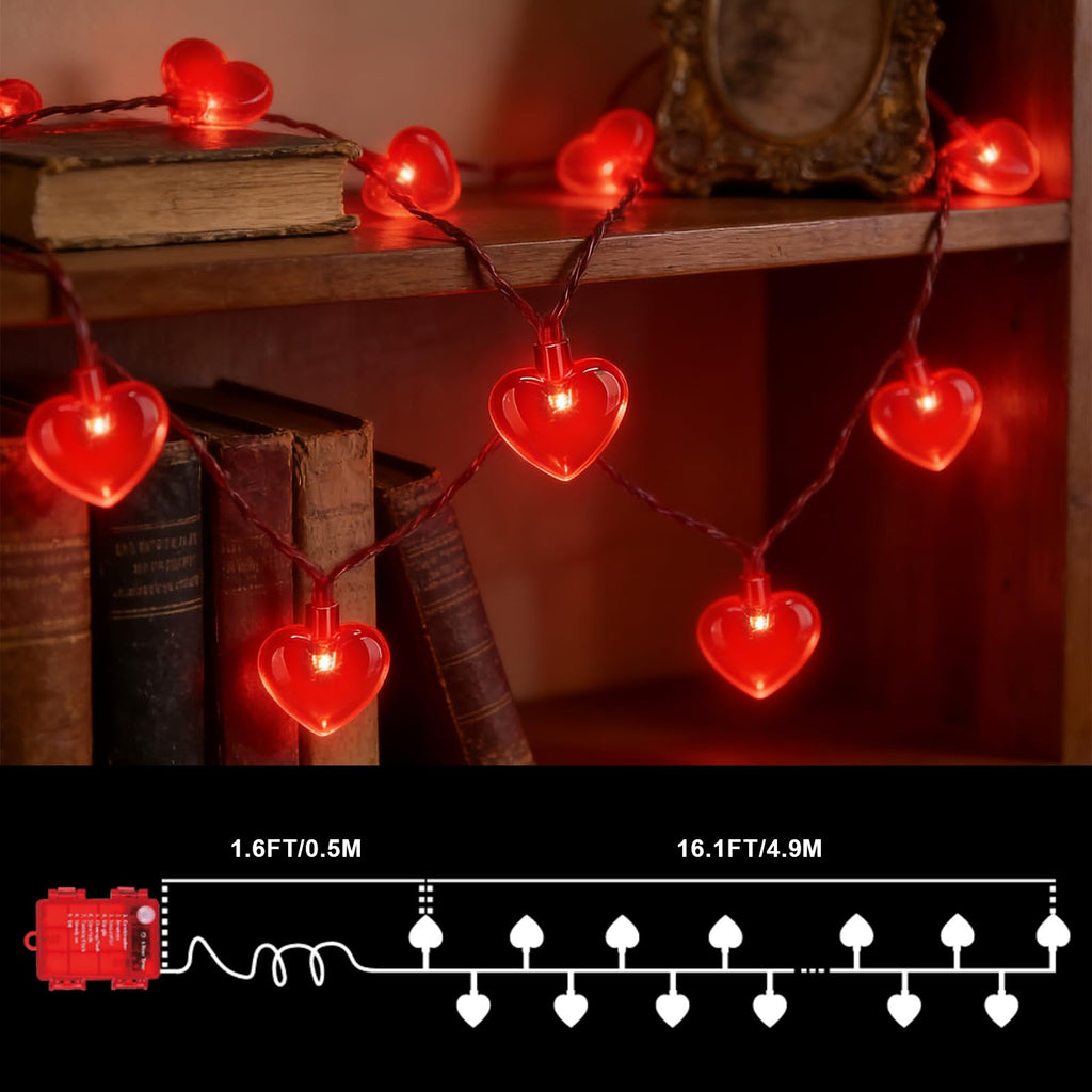LAMPHOME Valentine's Day String Lights, 16.1 FT 50 LED Heart Red String Light, Romantic Fairy Lights Battery Operated Timer, Valentine Decor for Indoor Outdoor Wedding Anniversary Holiday Party