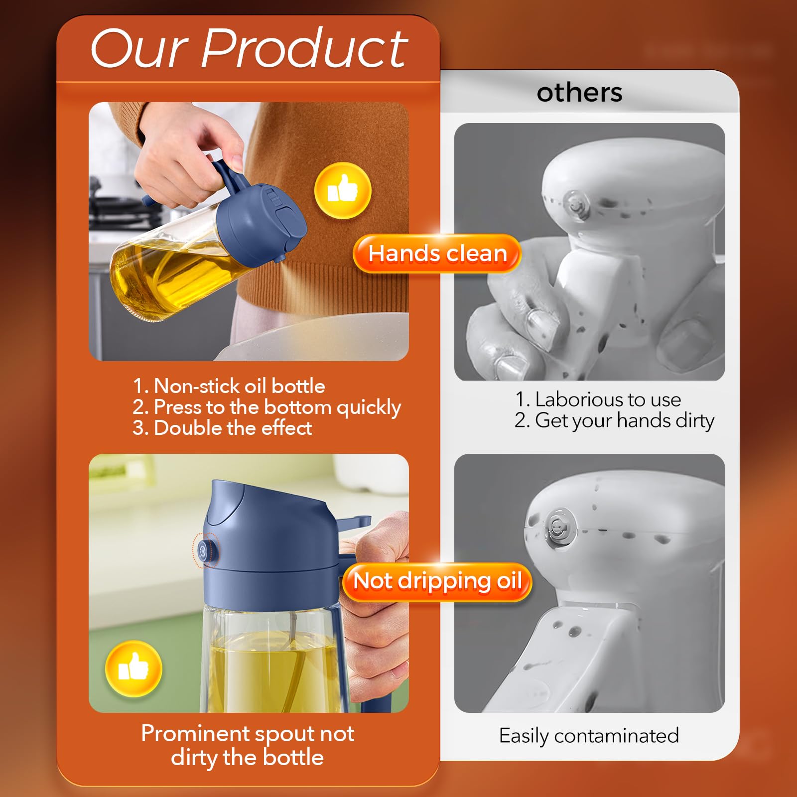 YARRAMATE 16oz/470ml Glass Olive Oil Sprayer for Cooking with Stickers, 2 in 1 Oil Dispenser for Kitchen Gadgets, Food Grade Premium Spray Bottle with Portion Control for Salad, BBQ (Navy)