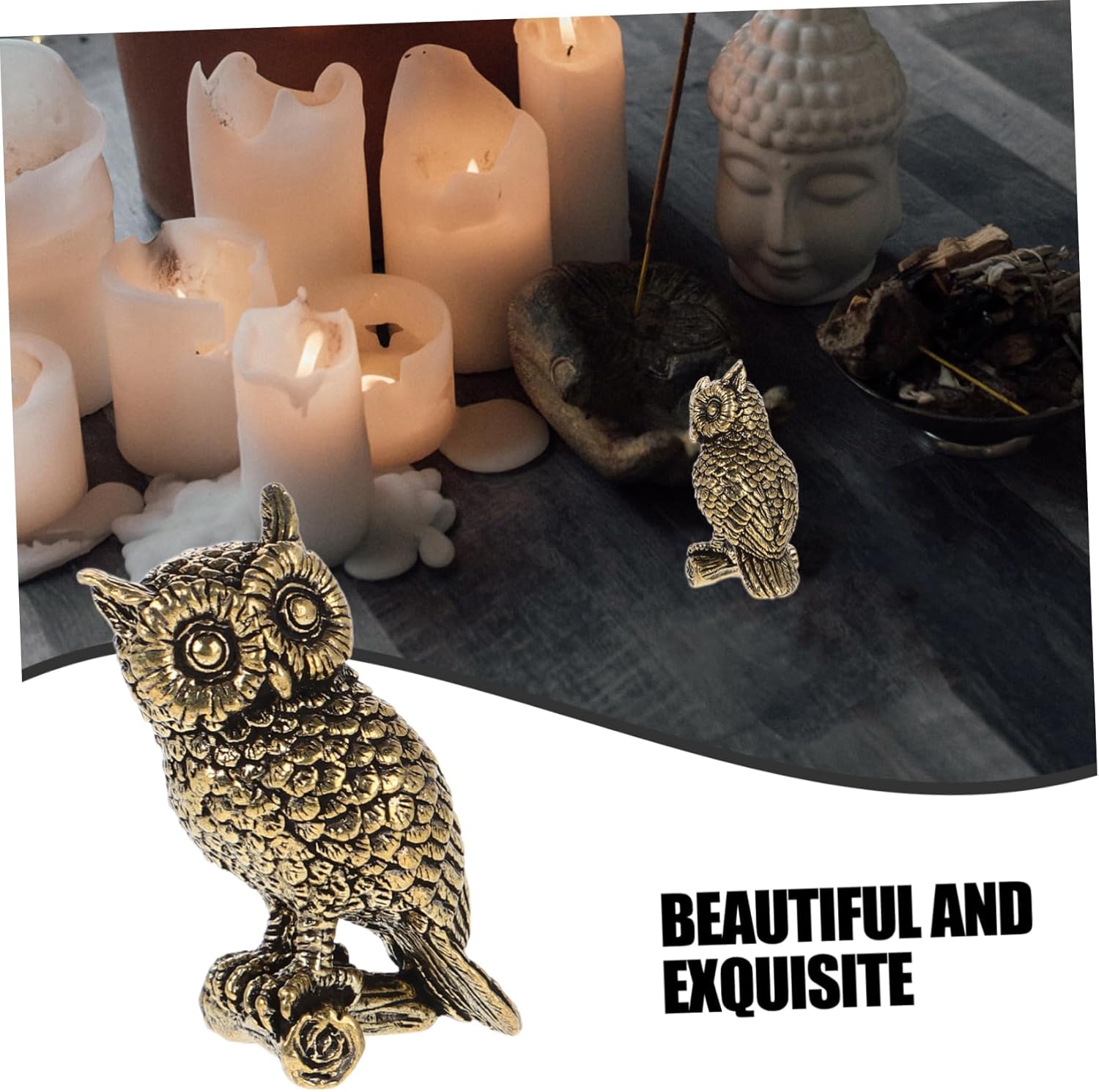 Skiennix Brass Owl Figurine - Unique Decorative Animal Art for Home & Office | Elegant Shelf Ornament