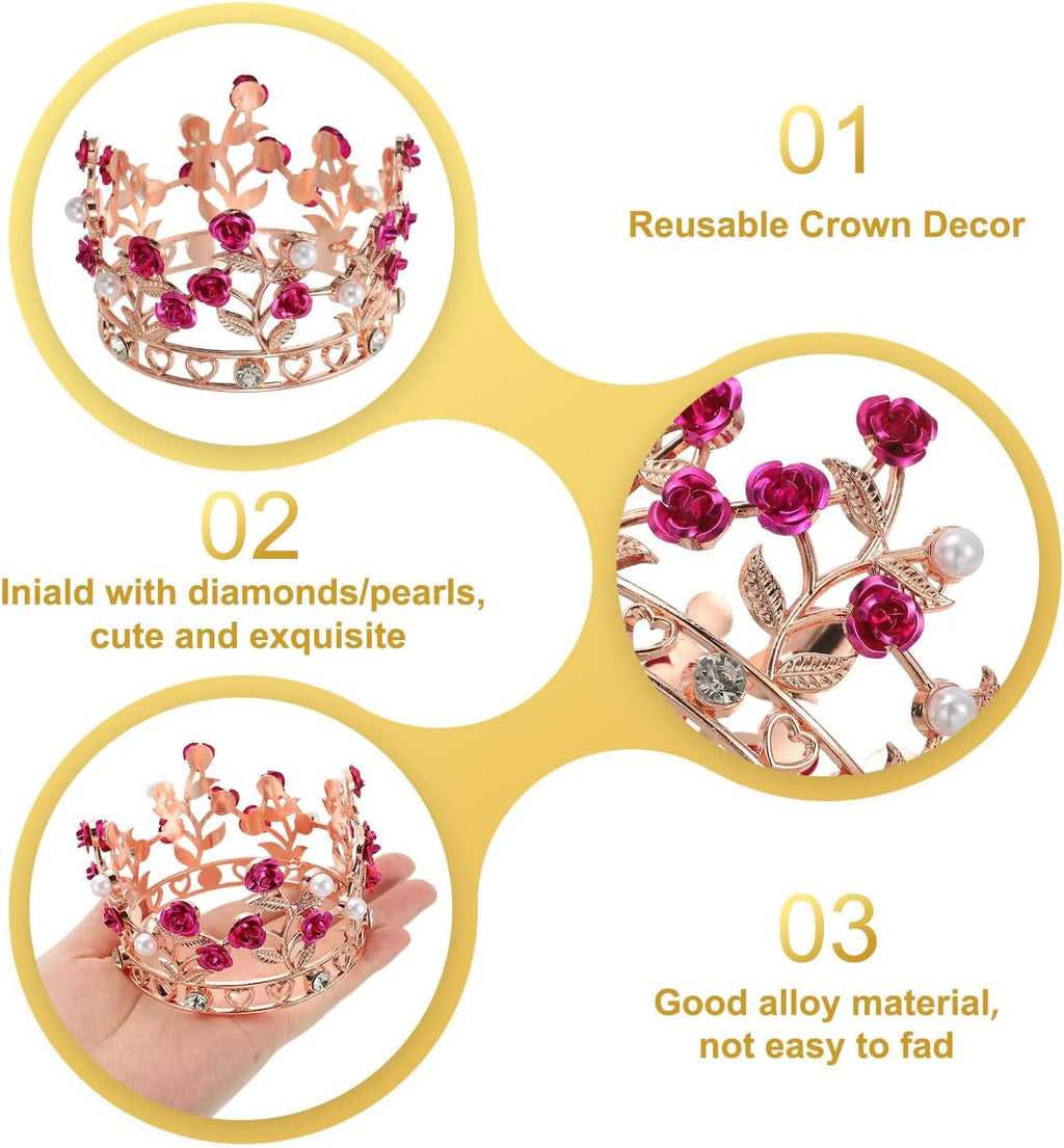 Uxcell Mini Crown Cake Toppers - Alloy Queen Princess Tiara with Pearl & Rose for Birthday Decor | Rose Gold/White/Rose Red