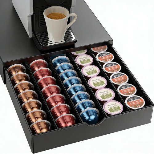 OUTIOE Coffee Pods Drawer Organizer Compatible with Nespresso Vertuo Pods Holds Up to 60 Small or 40 Large (Black)