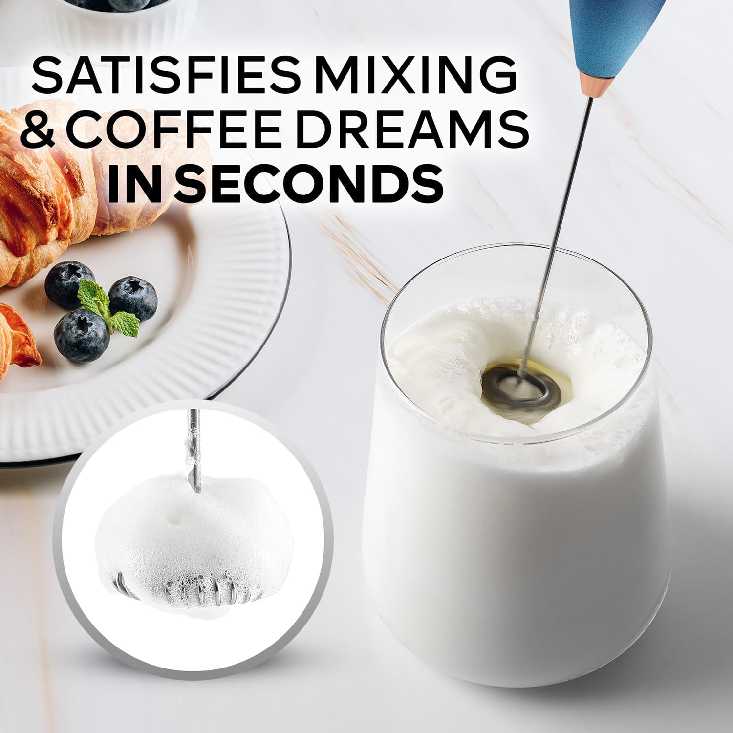 Zulay Kitchen Milk Frother Wand - Ultra-Fast Handheld Electric Whisk for Coffee & Lattes - Deep Sea Color