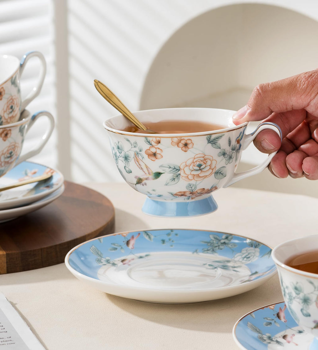 Jusalpha Porcelain Tea Set, Blue Floral Series, 4 Cups and Saucers with Teapot, Warmer, Filter and Spoon, 16 Pieces
