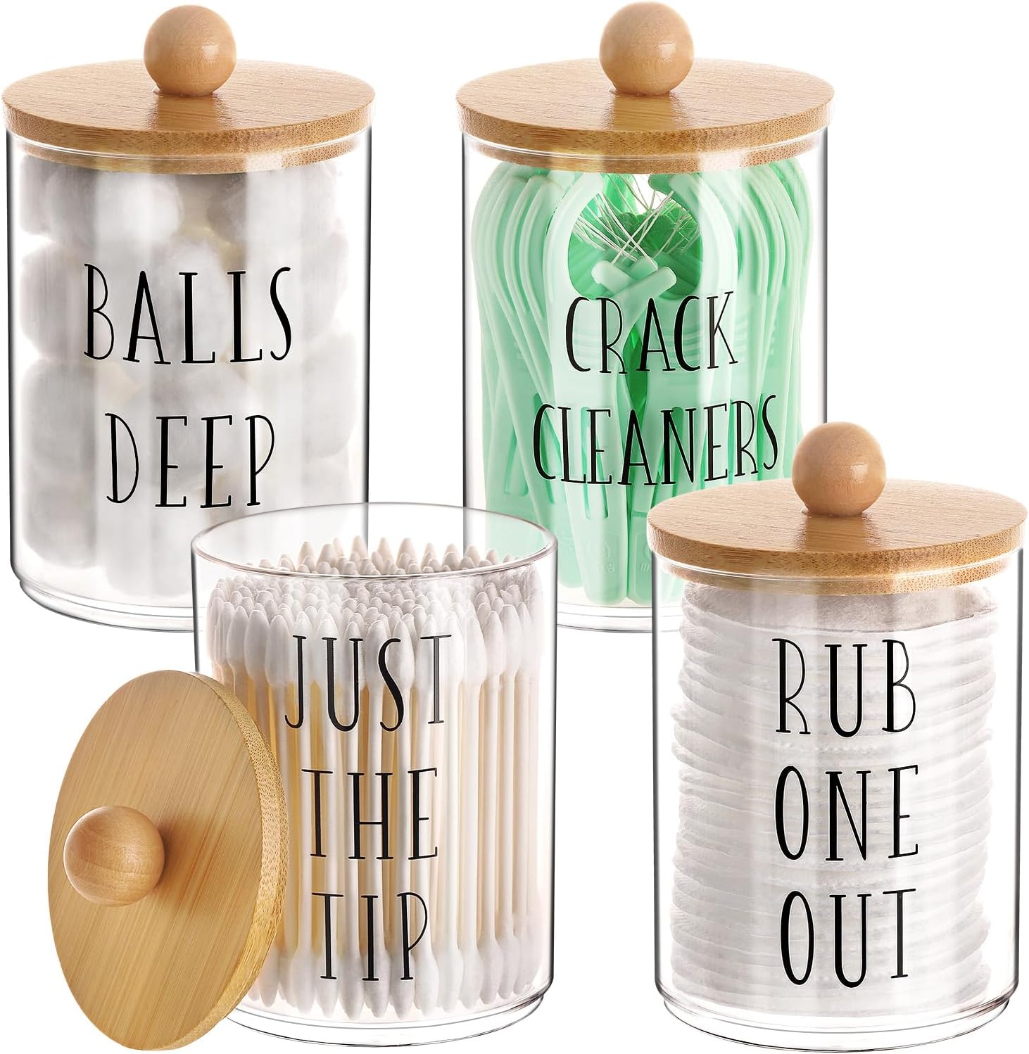Tbestmax Qtip Holder - 4 Pack Clear Plastic Bathroom Organizer with Bamboo Lids | 10 oz Storage Jars