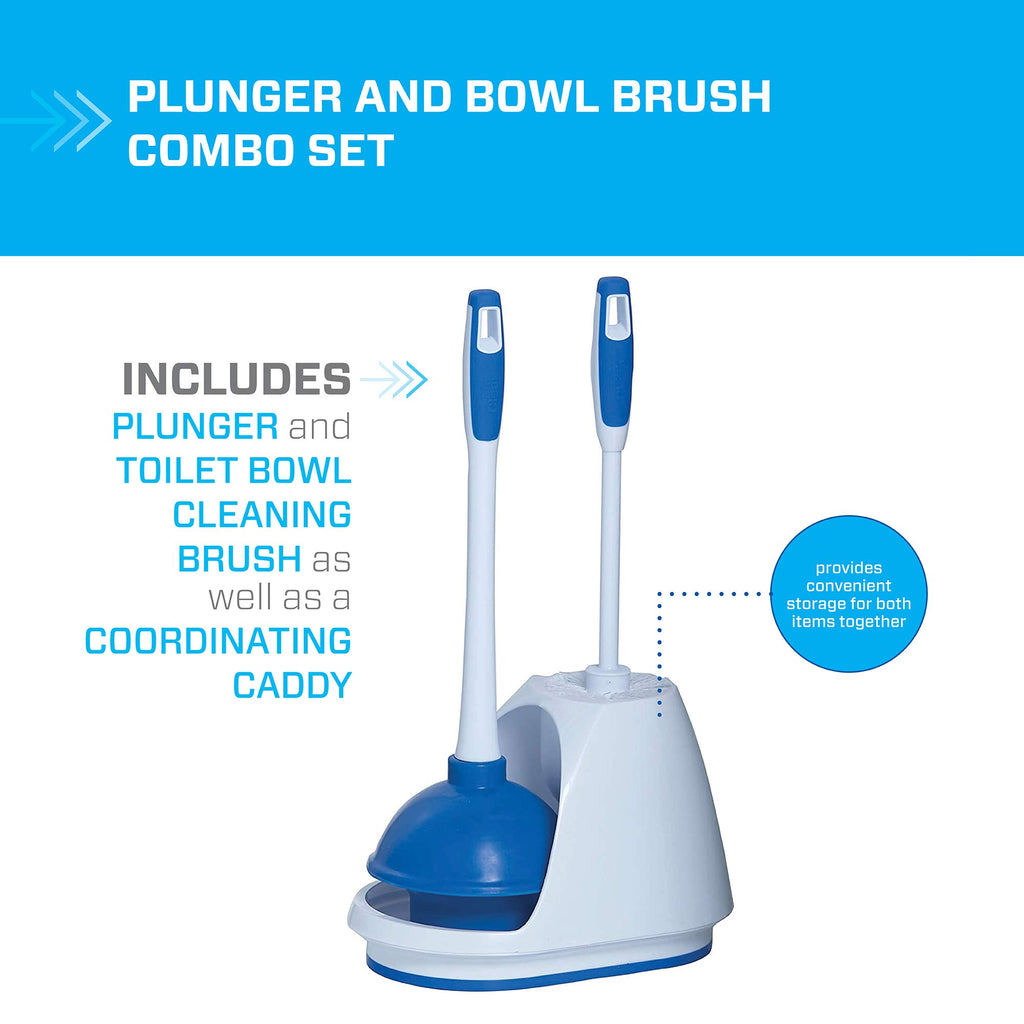 Mr. Clean Toilet Plunger and Bowl Brush Combo with Caddy, 3-Piece Heavy-Duty Plunger, Toilet Brush, and Caddy Set, White/Blue