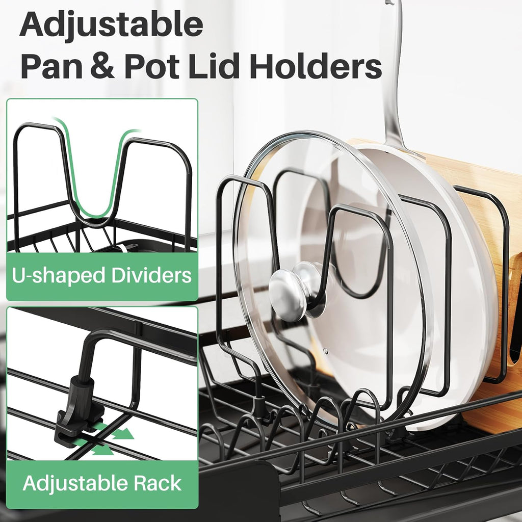SNTD Large Dish Drying Rack - Expandable Stainless Steel Kitchen Dish Drainer | 19.3" to 29.4" with Utensil Holder & Pan Lid Holder (Black)
