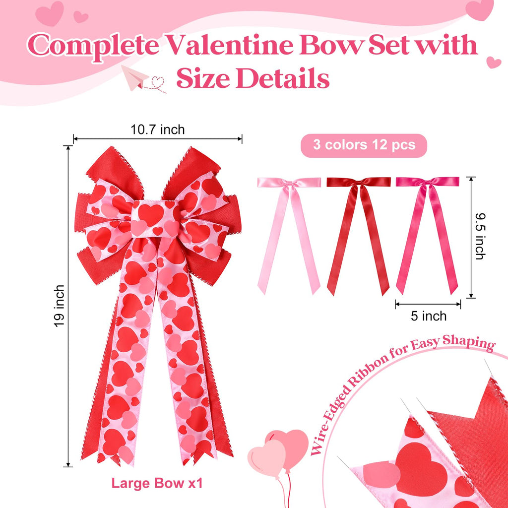 CEELGON Valentines Day Decorations Large Pink and Red Valentine Tree Topper Bow & 12 Pcs Long Satin Ribbon Bows Ornaments Wreath for Holiday Home Wall Decor