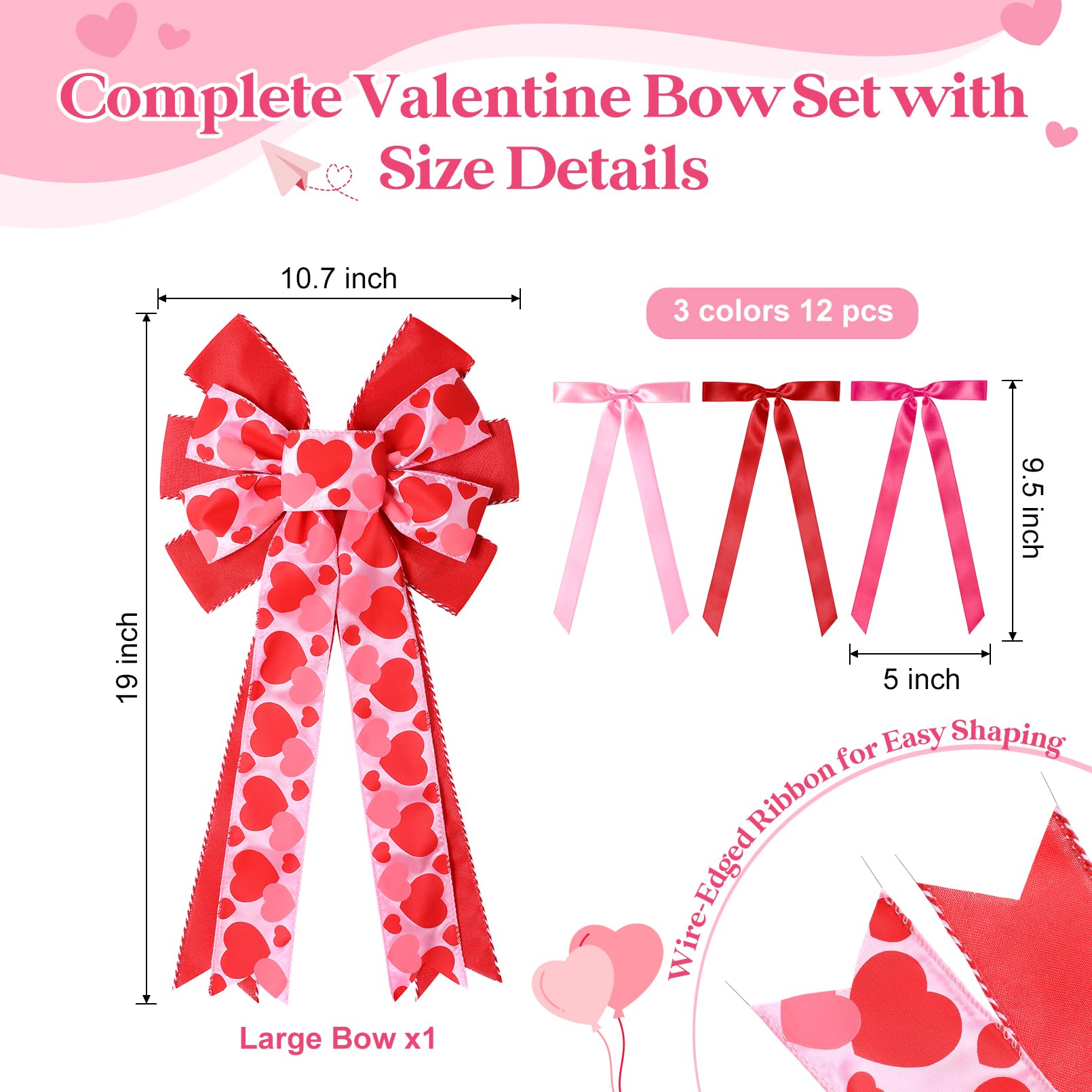 CEELGON Valentines Day Decorations Large Pink and Red Valentine Tree Topper Bow & 12 Pcs Long Satin Ribbon Bows Ornaments Wreath for Holiday Home Wall Decor