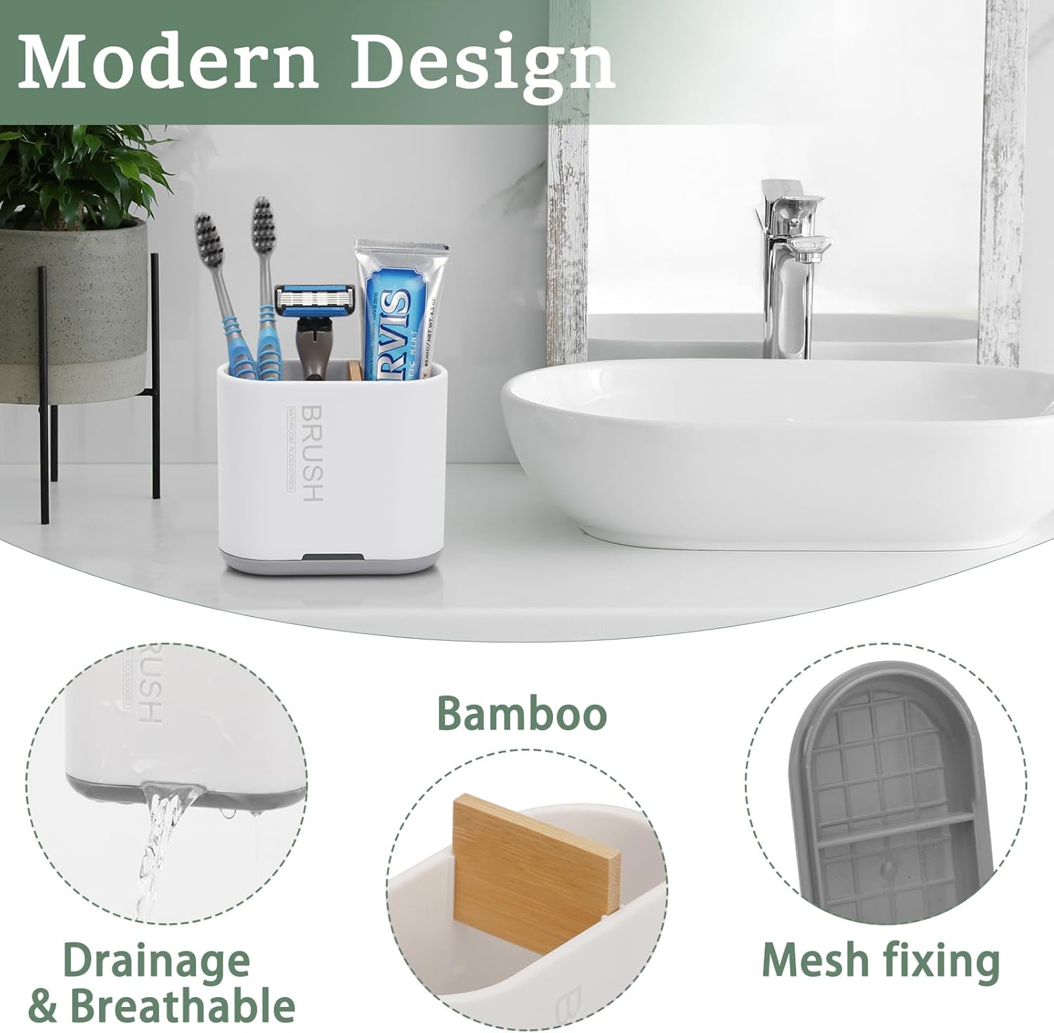 Skiennix Toothbrush Holder - Bamboo Divider Bathroom Organizer with Detachable Design | 2 Slots, White