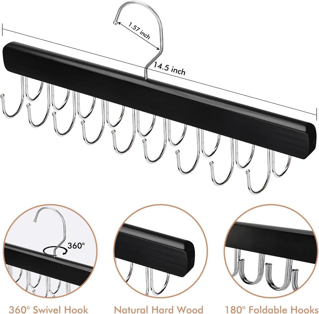 NECAMOCU Bra Hanger - Premium Wooden Closet Organizer with 36 Foldable Hooks | Space-Saving Design, Black