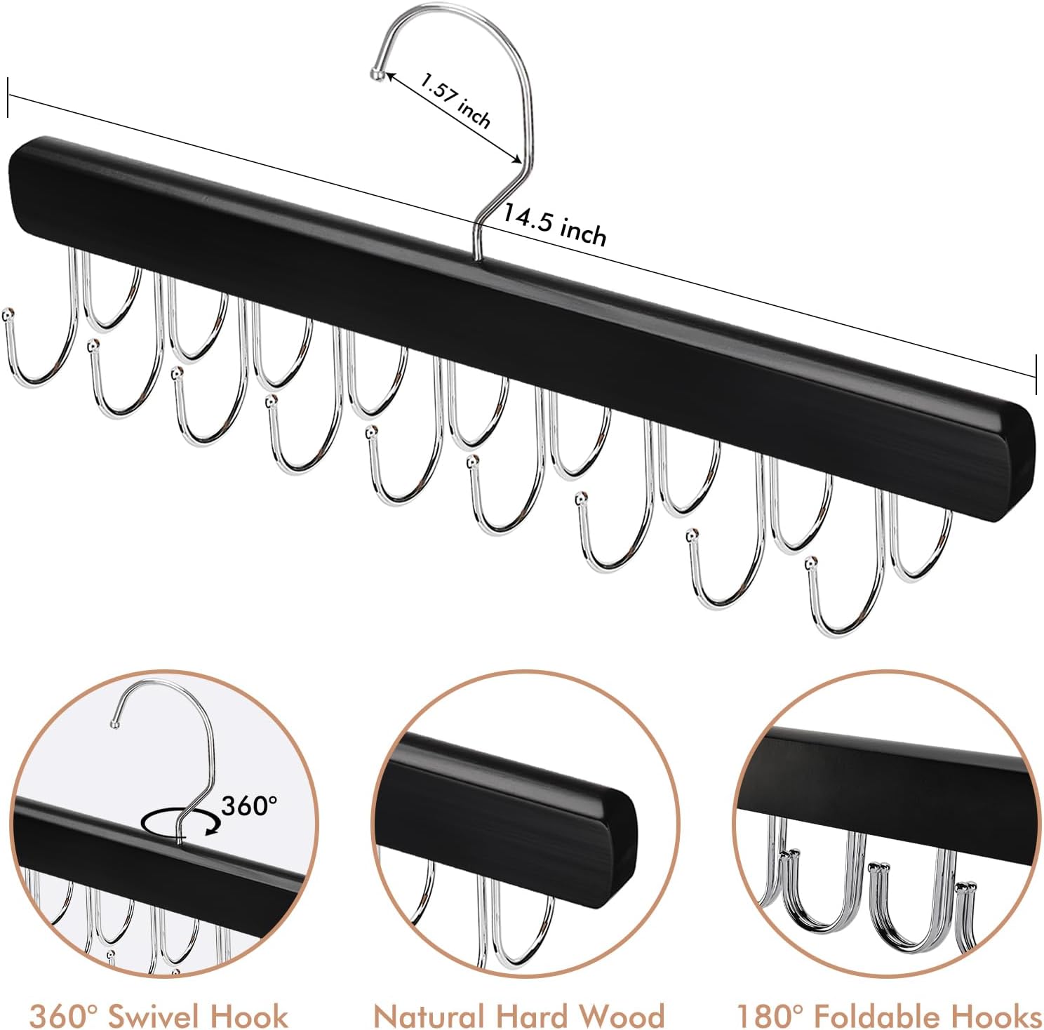 NECAMOCU Bra Hanger - Premium Wooden Closet Organizer with 36 Foldable Hooks | Space-Saving Design, Black