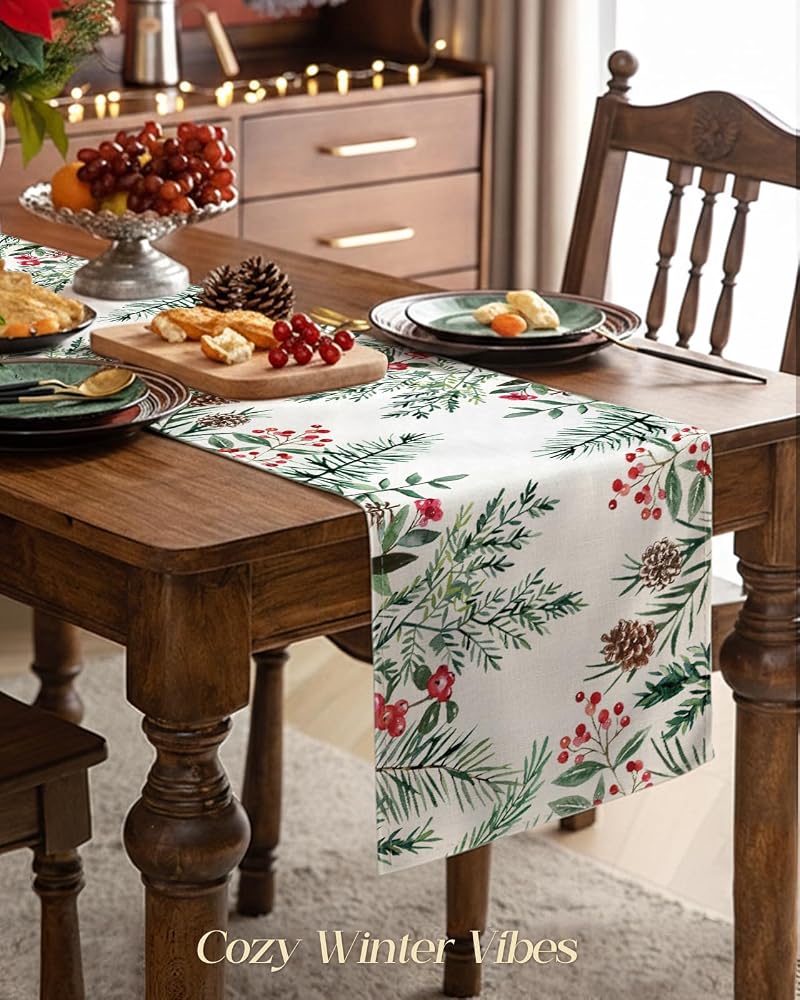 Miss Adola Holly Pine 13x72 In. Christmas Table Runner - Watercolor Berries