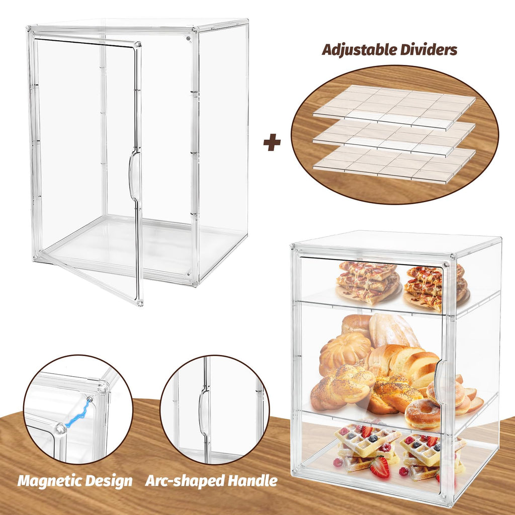 2PCS Pastry Display Case,Large Bakery Cookie Display Stand for Kitchen Countertop,4 Layers Adjustable Clear Bread Storage with Magnetic Door Bread Box and Cupcake Kitchen Counter 15.5x11.4x9.8 Inch