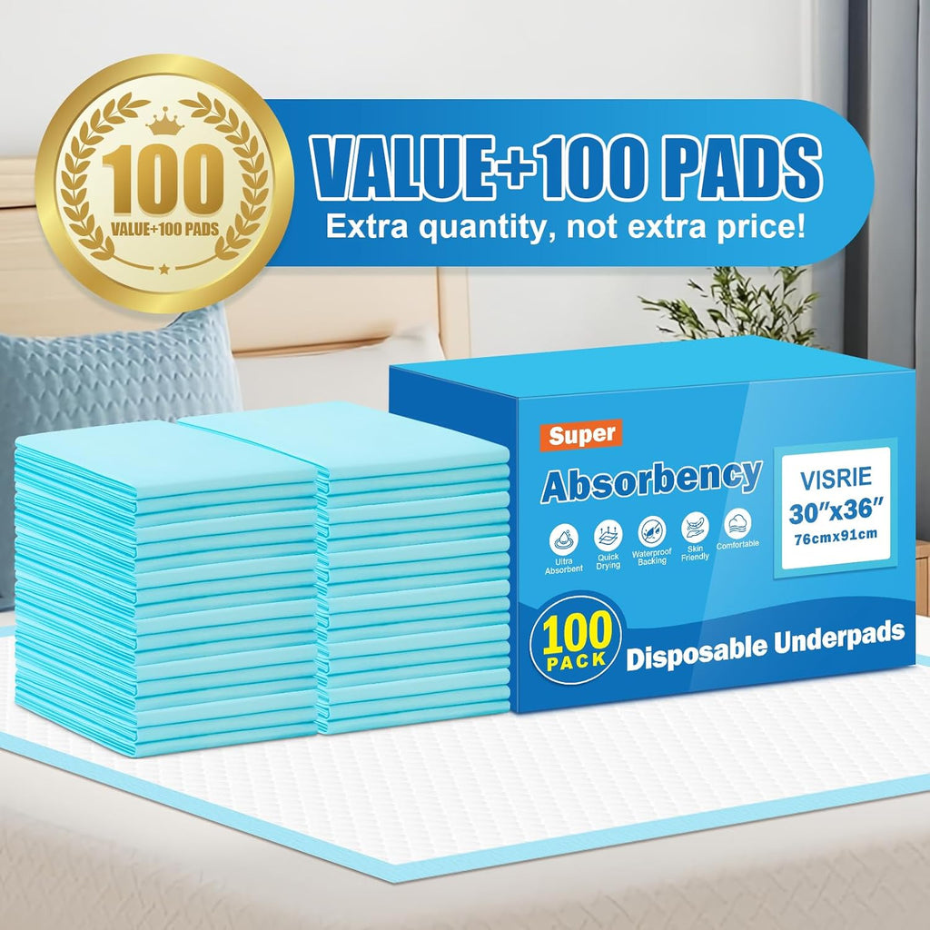 VISRIE Disposable Bed Pads - Super Absorbent Incontinence Chucks for Adults & Pets | 30” x 36” Size, 100 Pcs