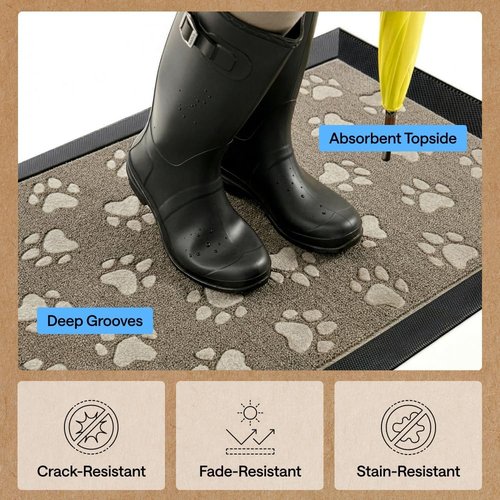 GORILLA GRIP Waterproof All-Season WeatherMAX Doormat - 47x35 Natural Rubber | Stain & Fade Resistant, Easy Clean Tan Pawprints